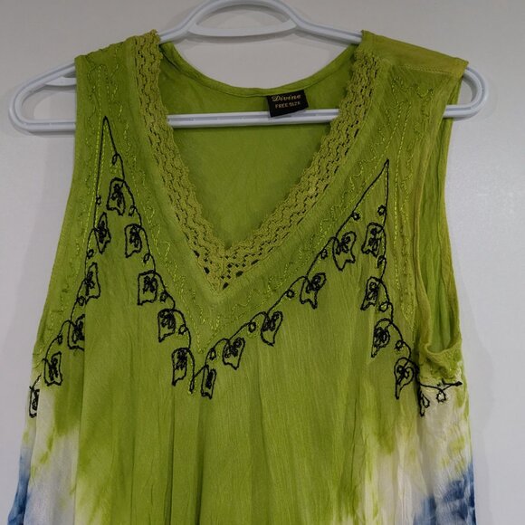 Divine Tie Dye Lace Trim Embroidered Crinkle Dress White Green Blue One Size - Picture 2 of 4